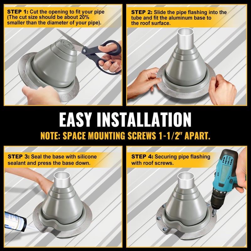 VIVIDA #1 Silicone Metal Roof Pipe Flashing Boot, High Temp Flexible Roof Jack Vent Boot for Pipe OD 1-1/4" to 2-3/8", Screws & Hex Socket Included, 1 Pack, Gray - Image 5